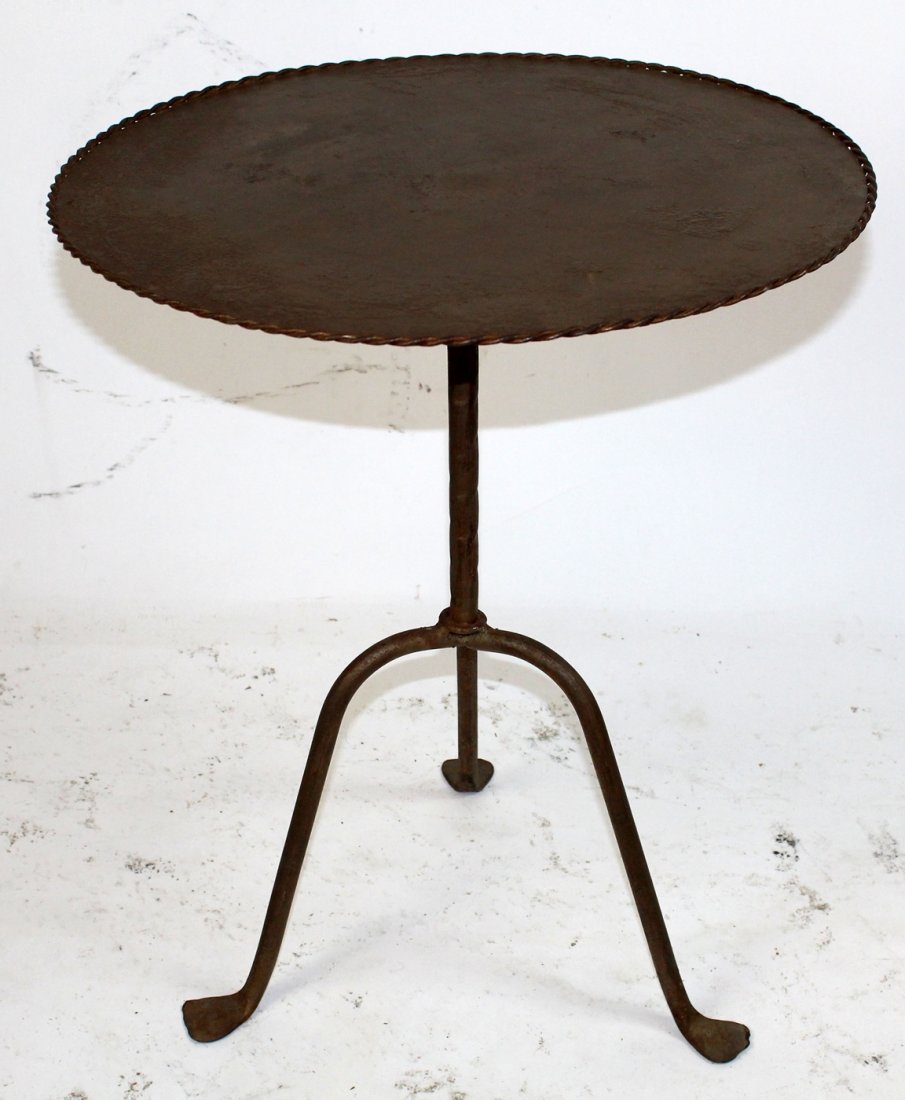 Vintage Spanish metal tapas table on tri-ped base: Spanish, mid-20th century. Painted fininsh metal gueridon style tapas table on tr-ped base. 25"h x 20"dia