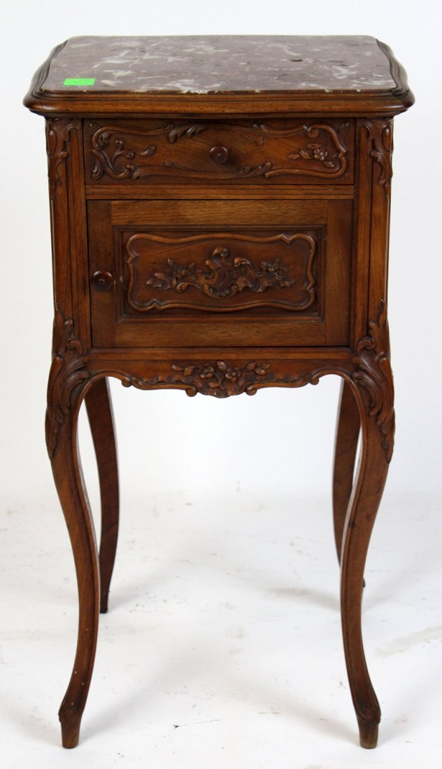 French Louis XV carved walnut chevet with marble top (1 of 4)