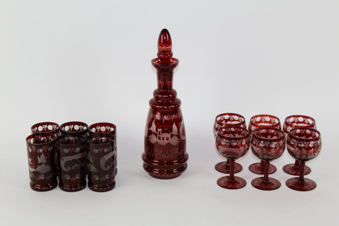 Cranberry cut to clear glass decanter set (1 of 4)