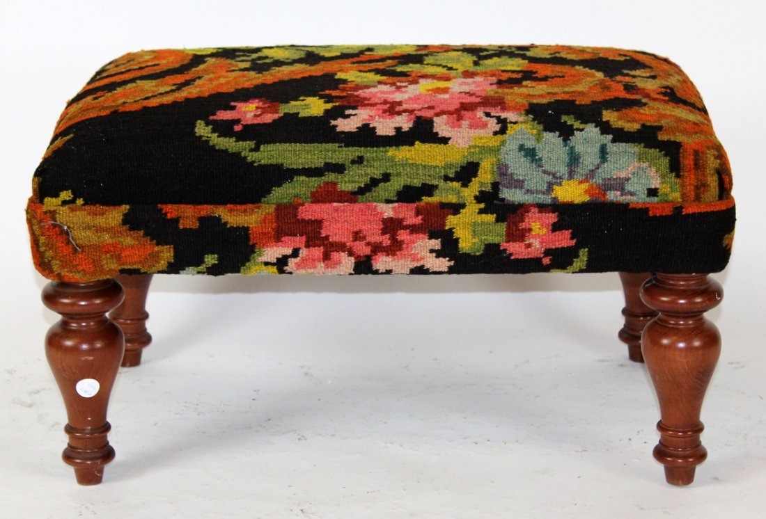Kilim upholstered ottoman on turned legs (1 of 3)