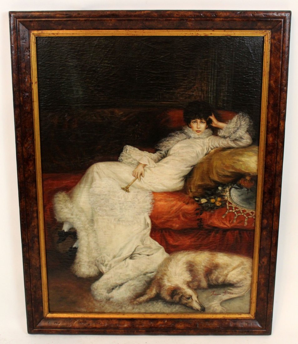 Oil on canvas depicting reclining woman on sofa: Oil on canvas depicting reclining woman on sofa with dog. 46"h x 36"w