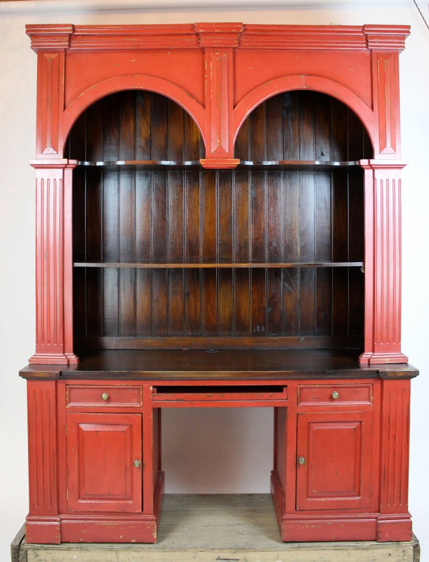 Red painted double arch top desk with hutch (1 of 3)