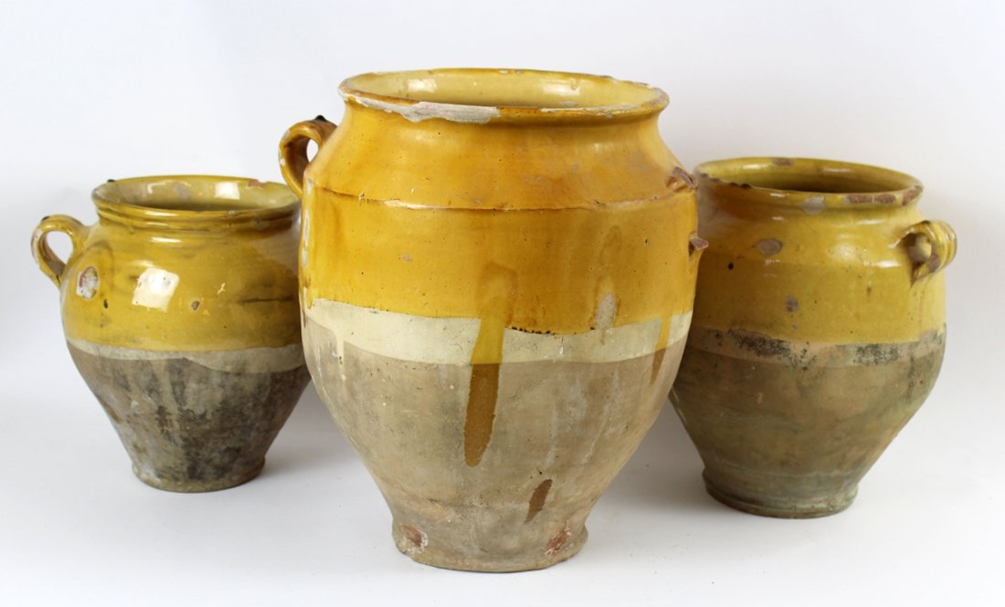 Grouping of 3 French glazed terra cotta confit pots (1 of 3)