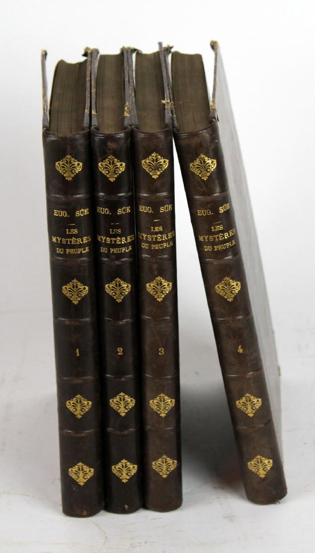 Lot of 4 French leather bound books: Lot of 4 French leather bound books: Les Mysteres du Peuple par Eugene Sue. 11 1/8"h