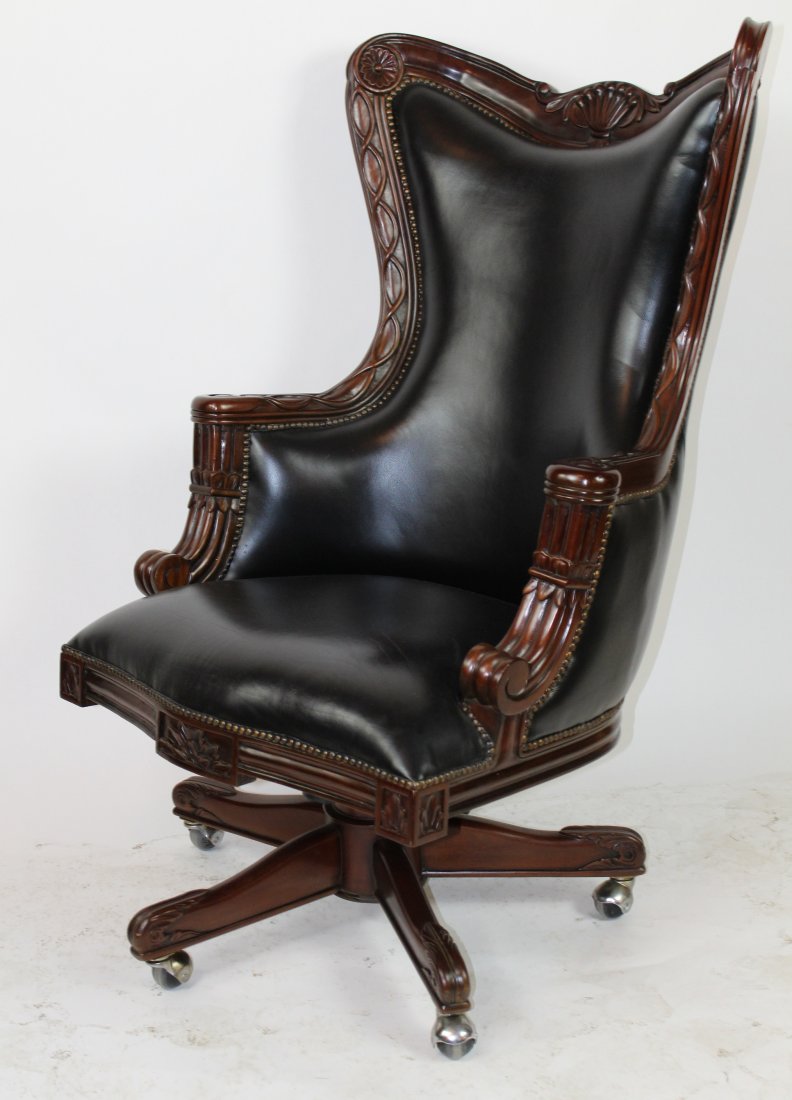 Carved mahogany swivel desk chair with leather (1 of 6)
