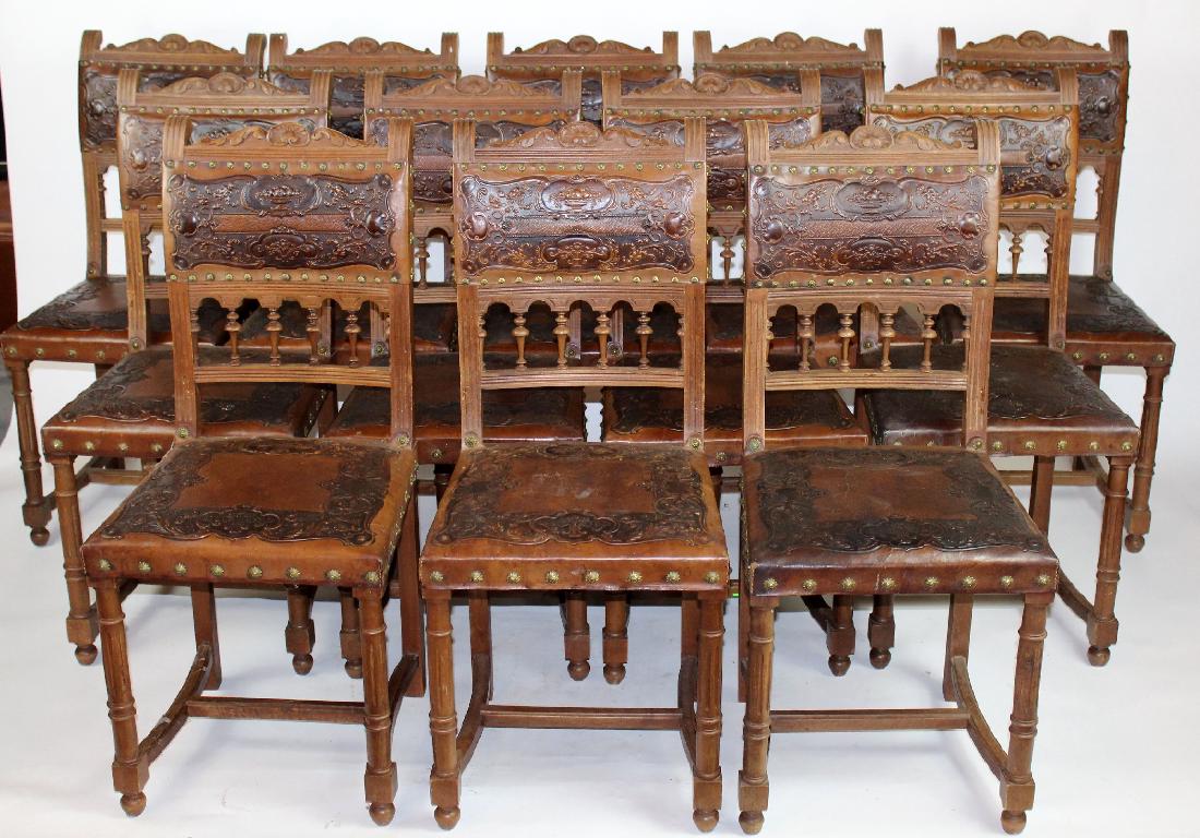 Set of 12 French embossed leather dining chairs (1 of 3)