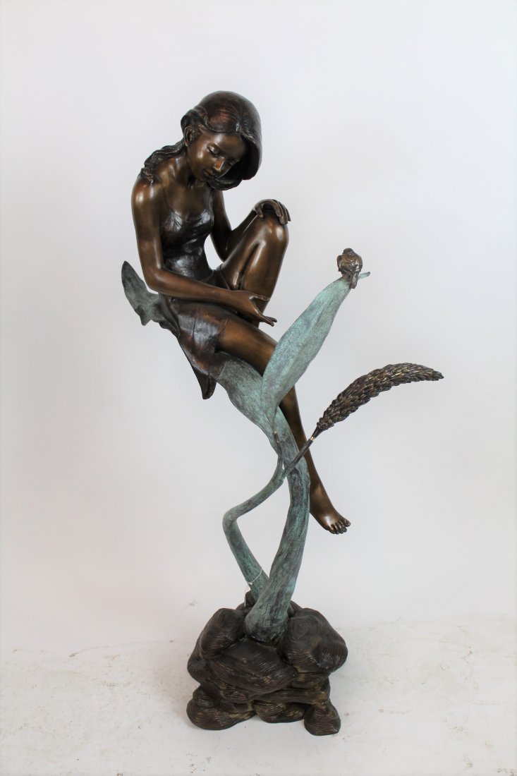 Bronze sculpture young girl on leaf with bird (1 of 4)