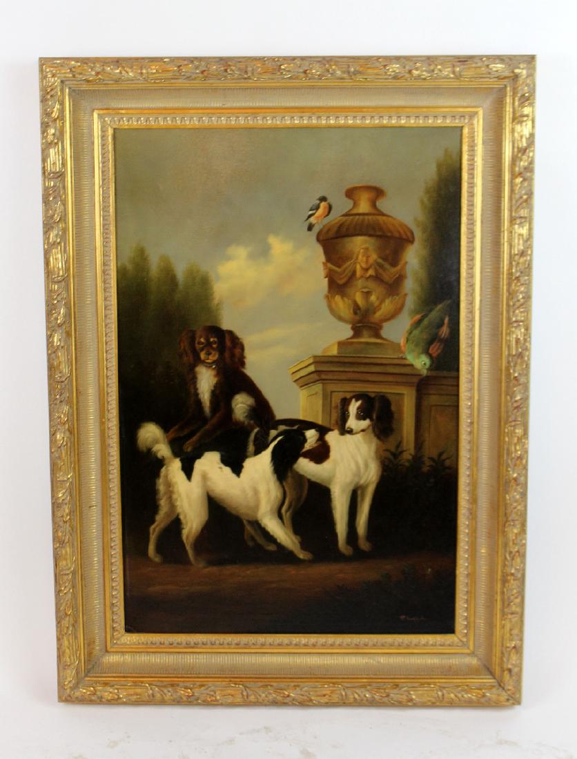 P. English signed oil on canvas dogs in garden (1 of 6)