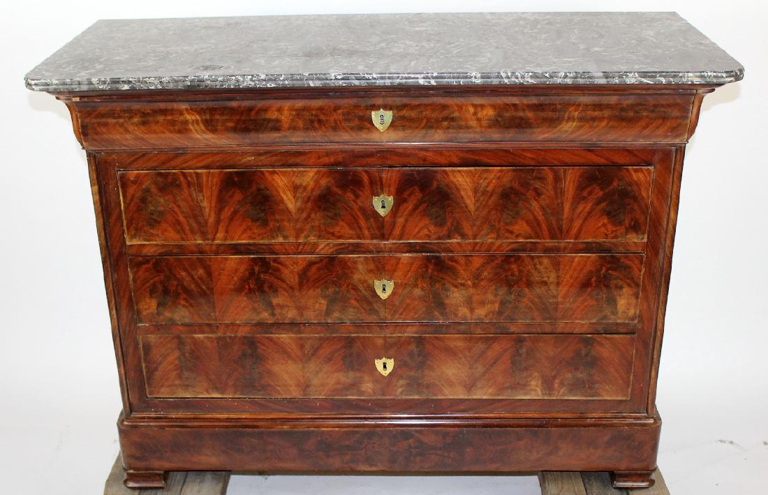 French Louis Philippe commode: French Louis Philippe commode in flame mahogany with marble top. 37 1/4"h x 51"w x 22 1/2"d
