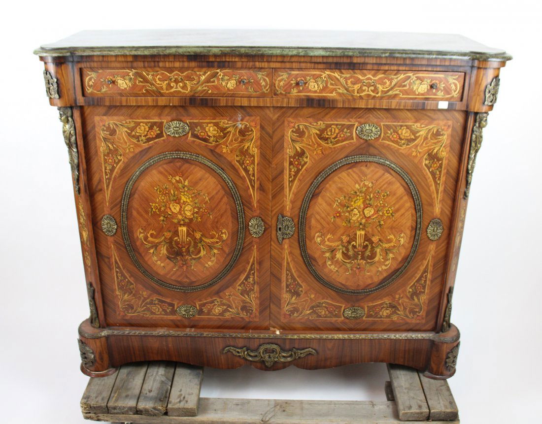 Italian marquetry 2 door cabinet with marble top (1 of 5)