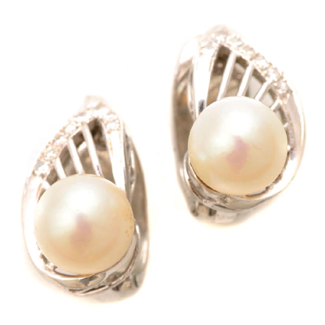 Pair of Cultured Pearl, Diamond, 14k White Gold Ear (1 of 4)