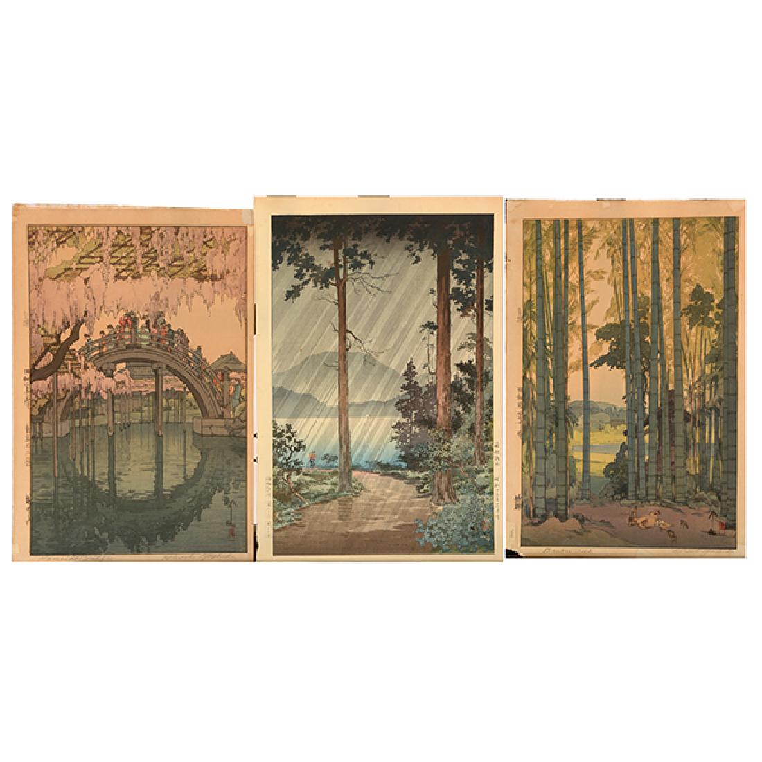 Hiroshi Yoshida (1876-1950) & Tsuchiya Koitsu: Hiroshi Yoshida (1876-1950) & Tsuchiya Koitsu (1870-1949):Three Woodblock Prints a) Oban, entitled 'Bamboo Wood', signed, with a Jizuri seal to the left margin and one seal of the artist, dated; b) ob