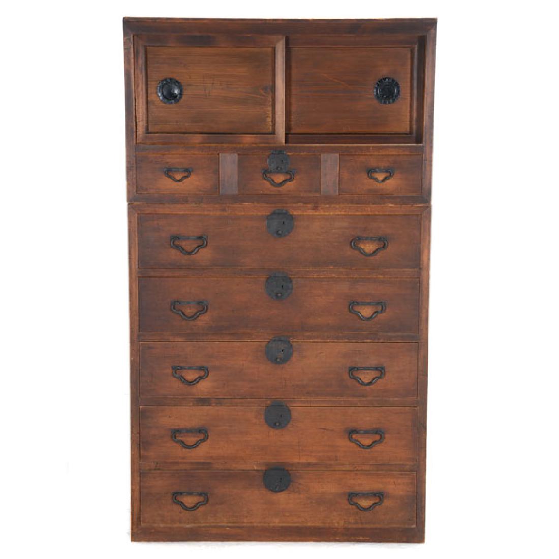 Japanese Kiriwood Sectional Cabinet, Early 20th Century: Japanese Kiriwood Sectional Cabinet Early 20th Century {63 x 36 x 16 1/4 inches (160 x 41.3 cm} [Minor wear]