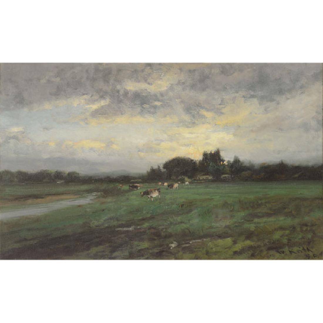 William Keith "Cows in Field" oil on canvas: WILLIAM KEITH (American 1838-1911) "Cows in Field" Oil on canvas. 15 x 24 inches; Frame: 24 1/8 x 33 1/2 inches. Signed l/r.Provenance: Descent from a family friend of William Keith.