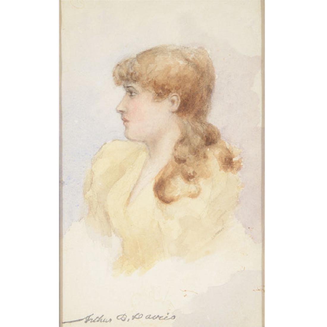Arthur Bowen Davies "Portrait of a Woman" watercolor: ARTHUR BOWEN DAVIES (American 1862-1928) "Portrait of a Woman" Watercolor. Sight: 7 1/2 x 4 1/2 inches; Frame: 13 1/2 x 10 1/2 inches. Signed l/l. *Was not examined out of the frame.
