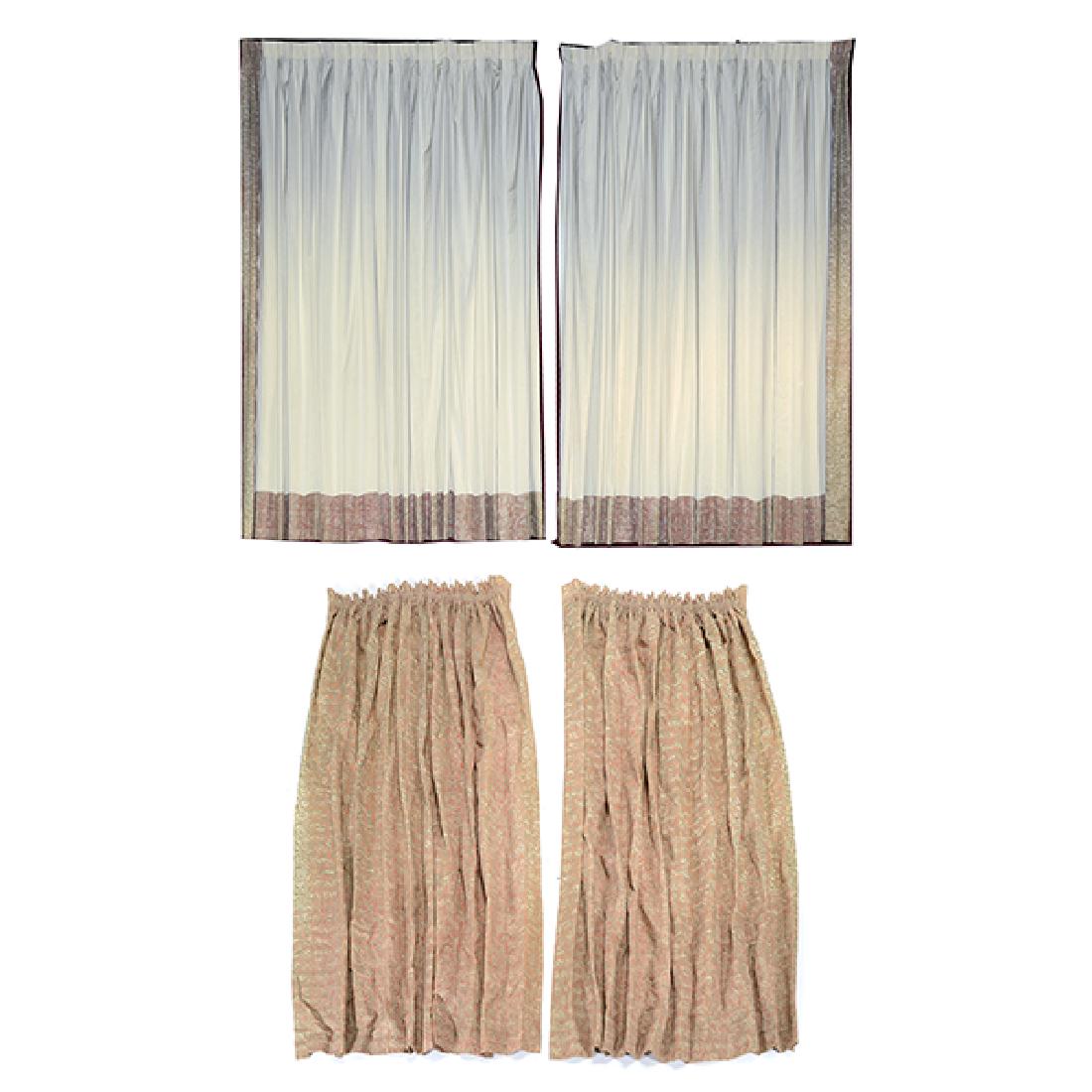 Four Panels of Fortuny "Maori" Pattern Curtains: Four Panels of Fortuny "Maori" Pattern Curtains, Two cream panels trimmed in Maori bittersweet pink on pale gray; two full panels of Maori bittersweet on pale gray; made in Venice {Cream panel dimensi