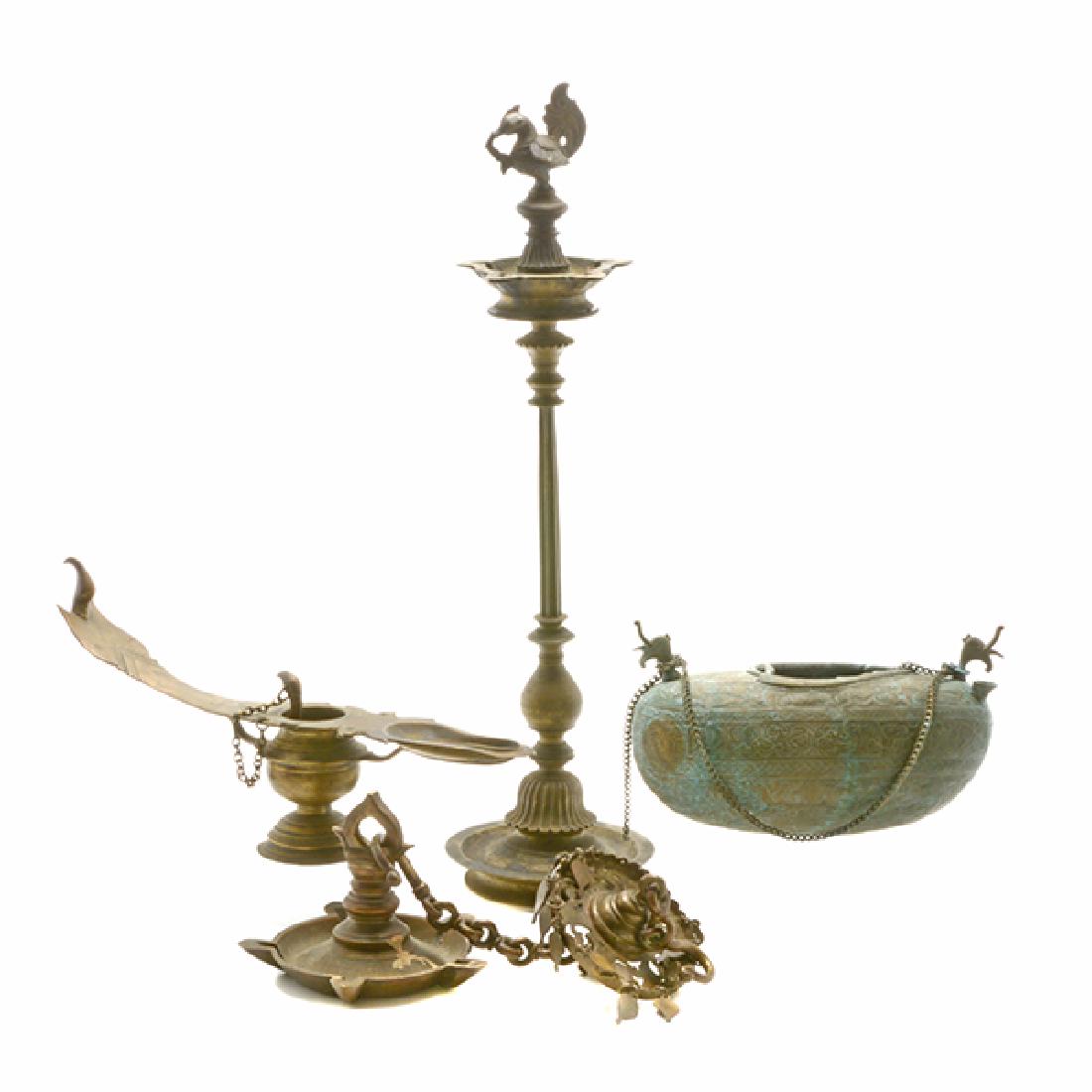 Four Mediterranean or Persian Gilt Brass Oil Lamps (1 of 9)