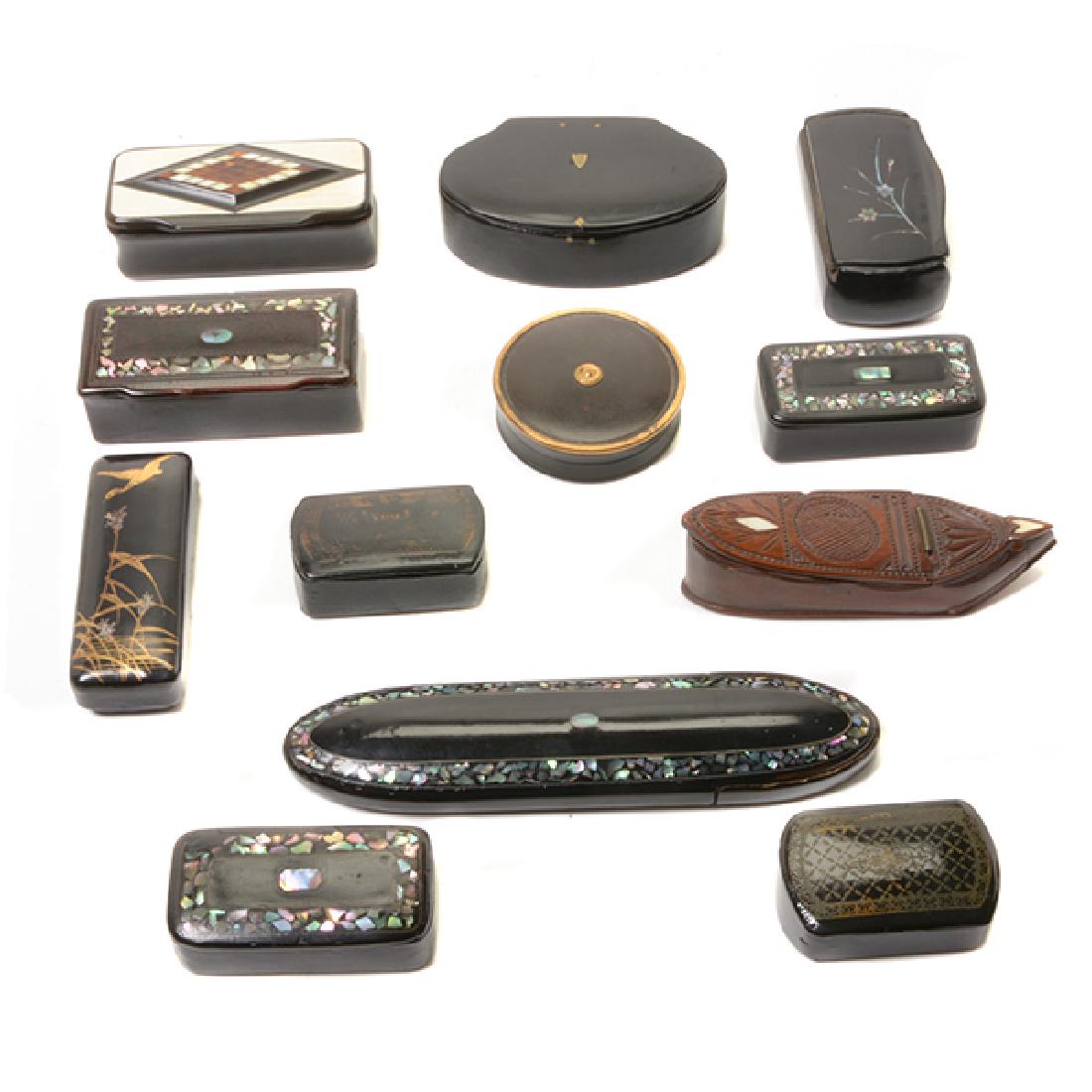 Collection of Victorian Miniature Lacquered and Carved: Collection of Victorian Miniature Lacquered and Carved Boxes, Some mother-of-pearl and bone inlay; includes one eyeglass case with pair of antique glasses {Length of longest 6 inches, length of shorte