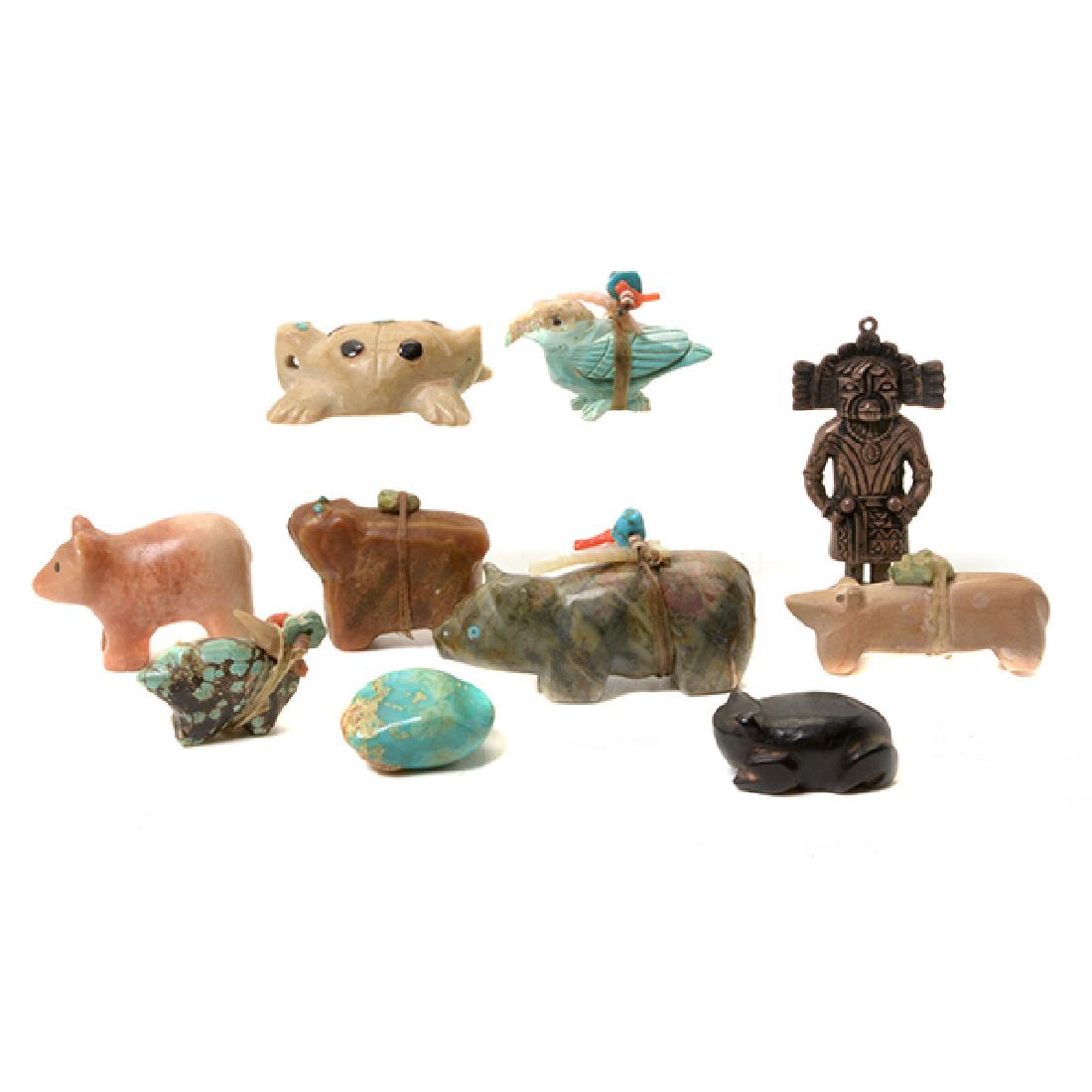 Ten Zuni Stone Animal Form Fetishes and Silver Figure (1 of 10)