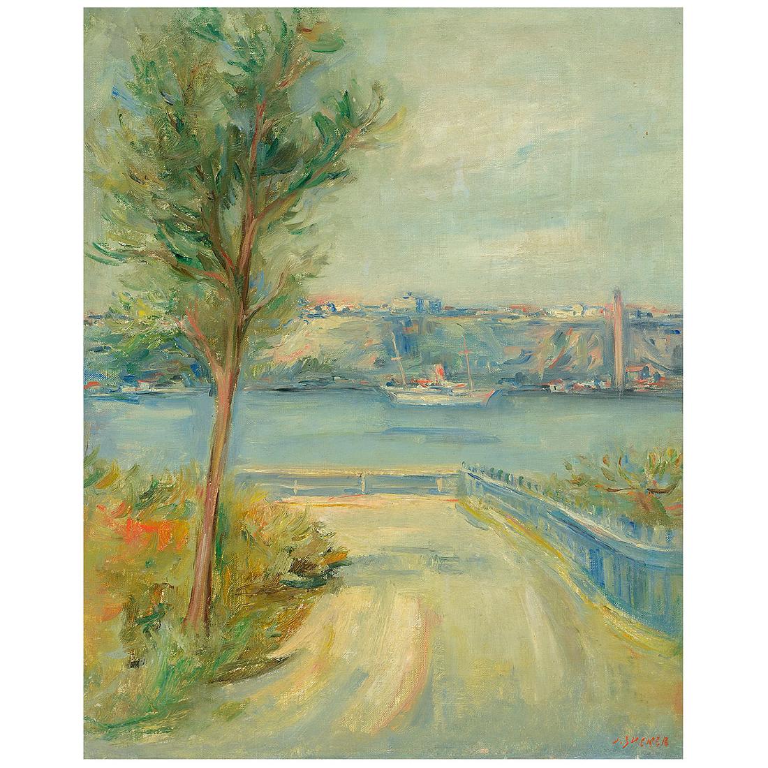 Jacques Zucker "Hudson River" oil on canvas: JACQUES ZUCKER (American 1900-1981) "Hudson River" Oil on canvas. 20 x 16 1/4 inches; Frame: 24 3/4 x 203/4 inches. Signed l/r. Label verso from the Associated American Artist's Inc, Fifth Avenue, New