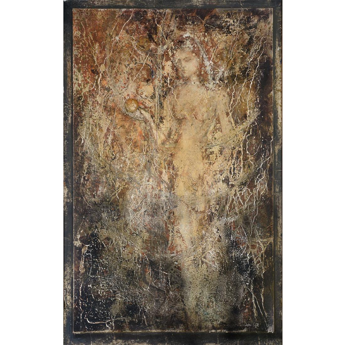 John Gill "Female nude, Eve" mixed media on panel: JOHN GILL (20th century) "Female Nude, Eve" Mixed media on panel. 49 3/4 x 31 5/8 inches (including artist made frame). Signed l/r. [CONDITION: In overall good condition. Areas of missing paint throug