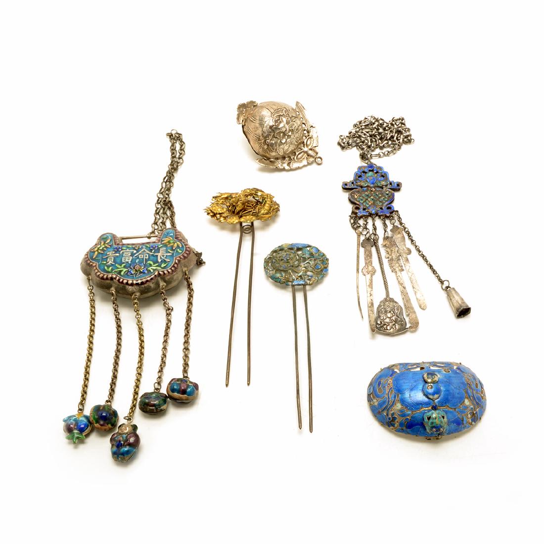 Group of Enameled Silver Accessories, Republic Period: Six Enameled Silver Accessories Comprising two chatelaines, three hairpins, and a pedant. Republic Period {Longest: 20 1/2 inches (52.1 cm)} [Overall wear]