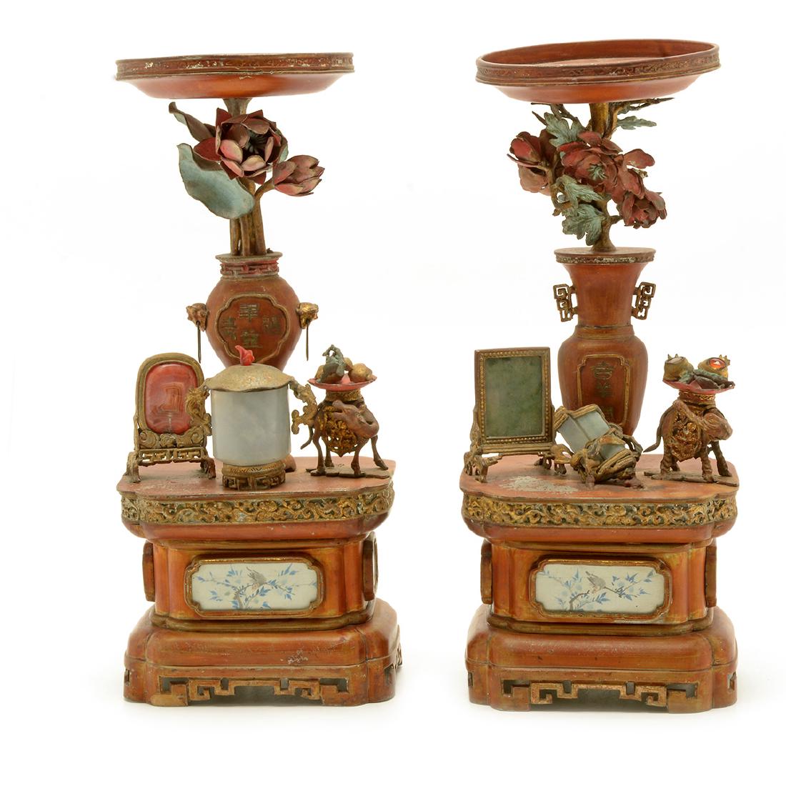 Pr of Chinese Export Pewter Stands with Hardstone (1 of 10)