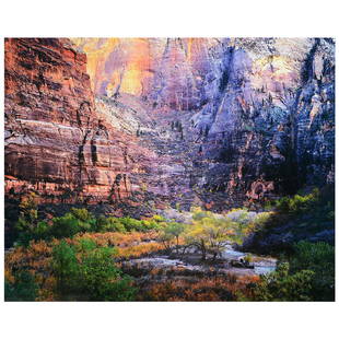 Christopher Burkett "Twilight, Virgin River and Zion: CHRISTOPHER BURKETT (American b. 1951) "Twilight, Virgin River and Zion Canyon" Color photograph. Sight: 28 1/4 x 35 1/4 inches; Frame: 40 1/4 x 46 1/8 inches. Signed l/r in pencil on the mount. Photo