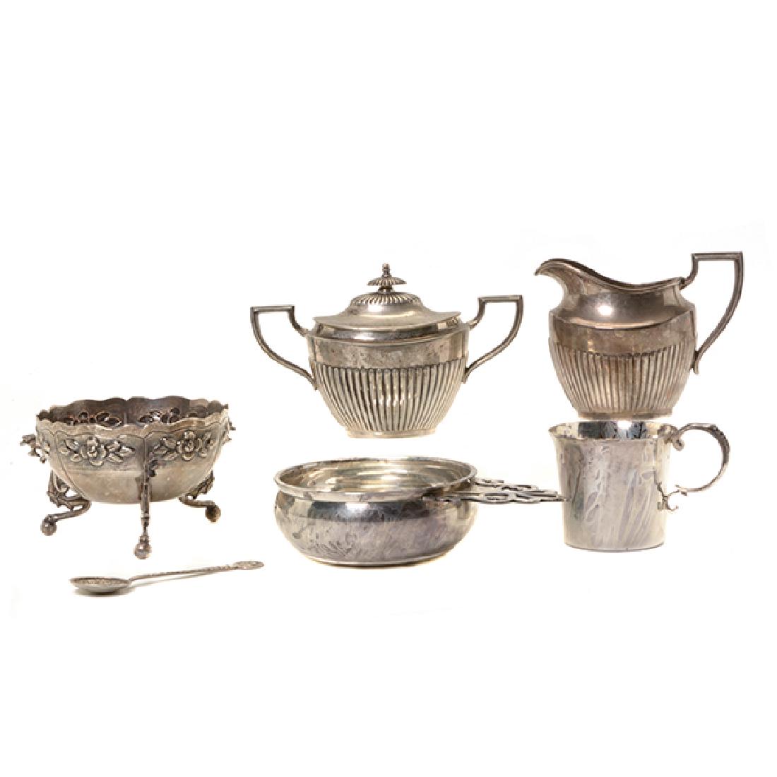 Collection of Six Sterling Table Articles: Collection of Six Sterling Table Articles Comprising Shreve & Co sterling silver Queen Anne creamer and sugar, Paul Revere Reproduction sterling porringer cup {length 6 3/4 inches}, John Coney sterlin