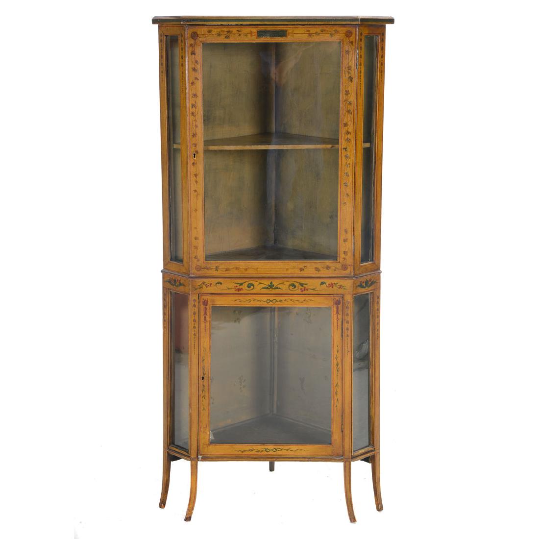 Edwardian Adams Style Handpainted Satinwood Corner: Edwardian Adams Style Handpainted Satinwood Corner Vitrine {Dimensions 58 1/2 x 27 x 16 1/2 inches} [two keys]