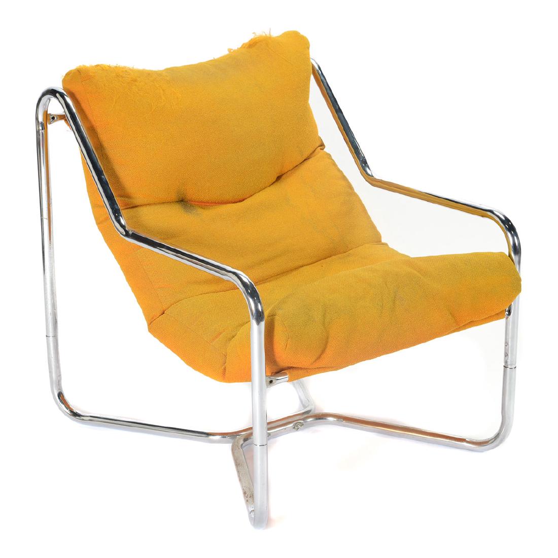 Mid Century Modern Chrome Tubular Armchair: Mid Century Modern Chrome Tubular Armchair In the Manner of Herman Miller; mustard yellow upholstery c. 1970s {Dimensions 33 1/2 x 27 1/2 x 33 1/2 inches} [fraying and wear to top of upholstery]