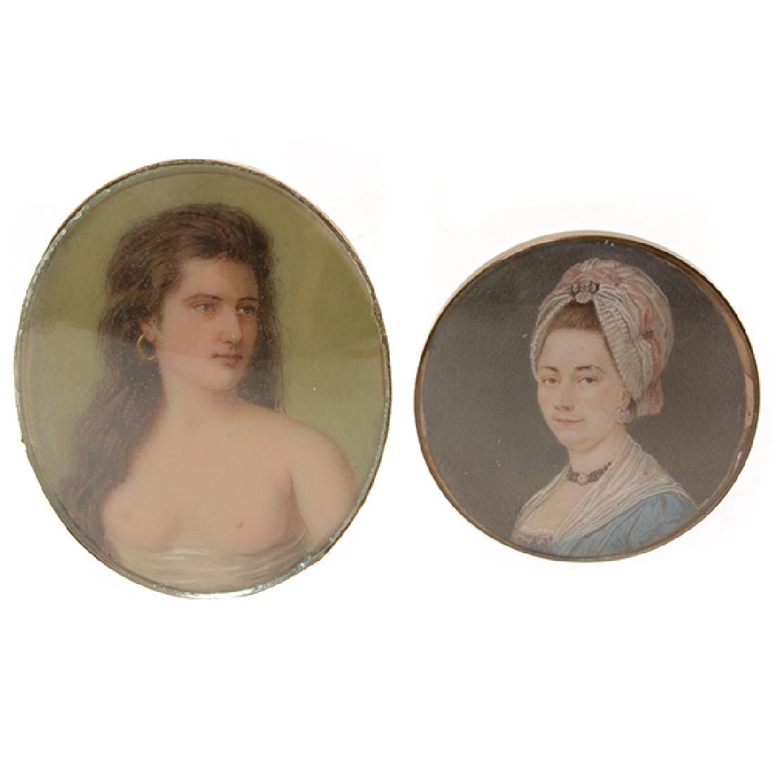 Two Miniature Portraits of Ladies: Two Miniature Portraits of Ladies One of a semi-nude brunette done in a Romantic style, the other of Regency woman with a white collar and hat with mother of pearl backing {Height of tallest 2 1/2 inc