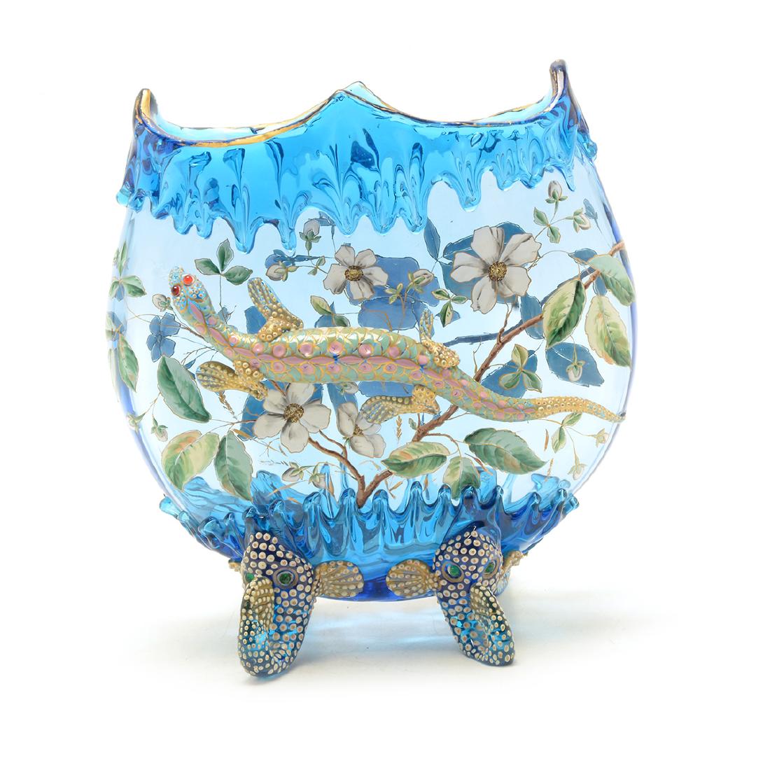 Moser Bohemian Enameled Blue Glass Footed Vase (1 of 7)