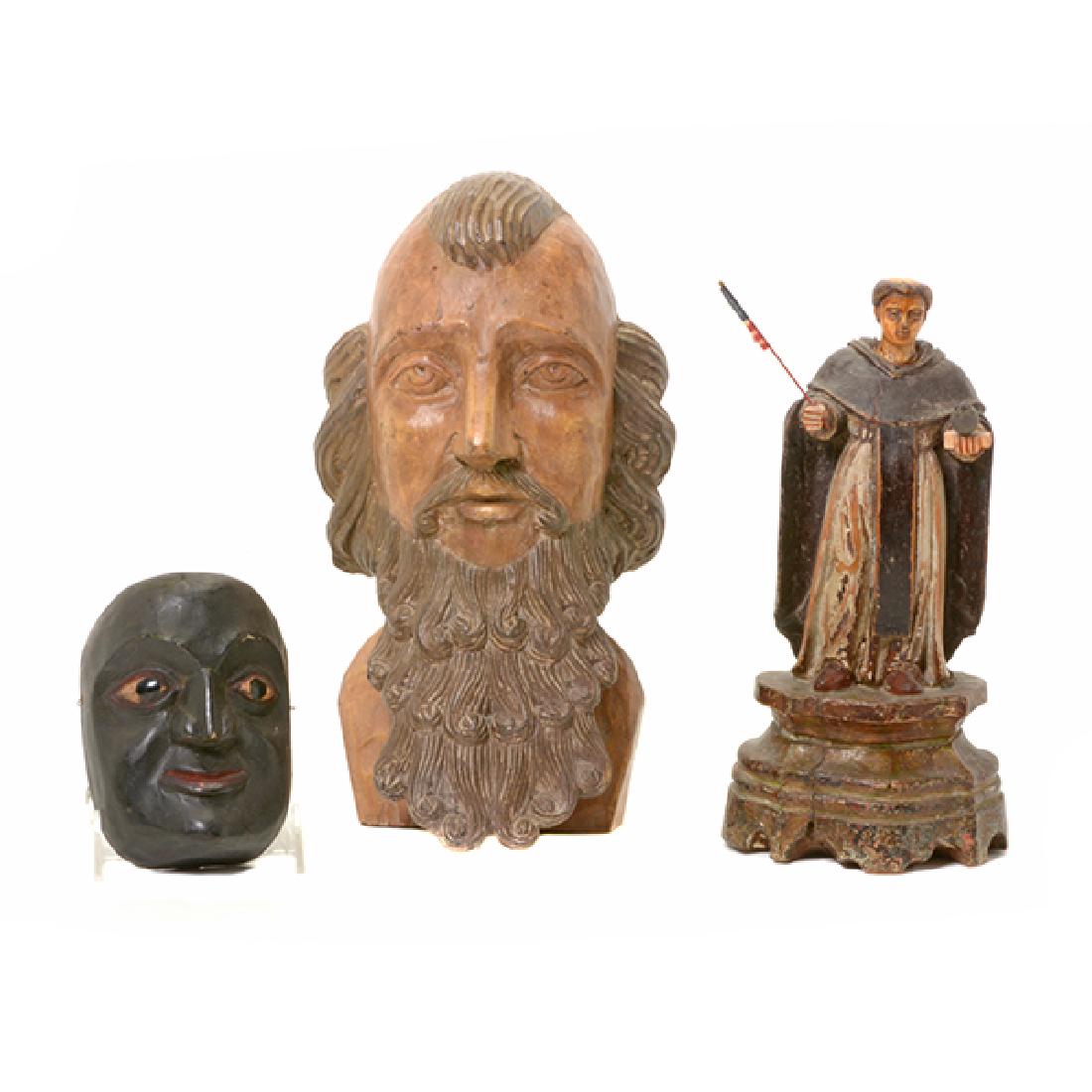Spanish Colonial Bust, Polychromed Wood Santos & a Mask (1 of 10)