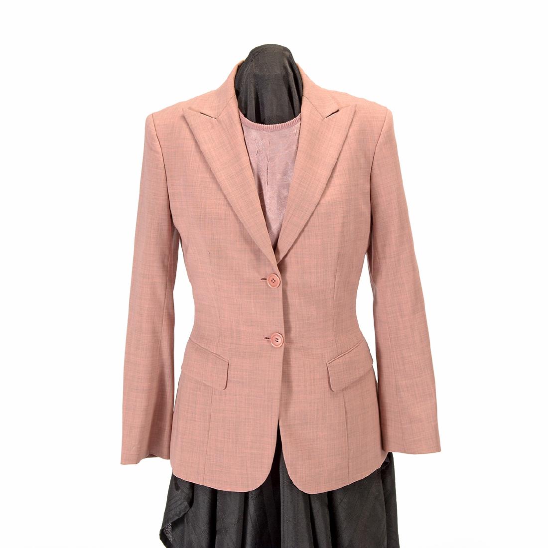 Four Couture Suits with Associated Slacks: Four Couture Suits with Associated Slacks Givenchy navy military style two piece suit; a Bagdley Mischka ivory two piece suit, size 2; an Escada black pinstripe two piece suit, size 38; a Richard Tyle