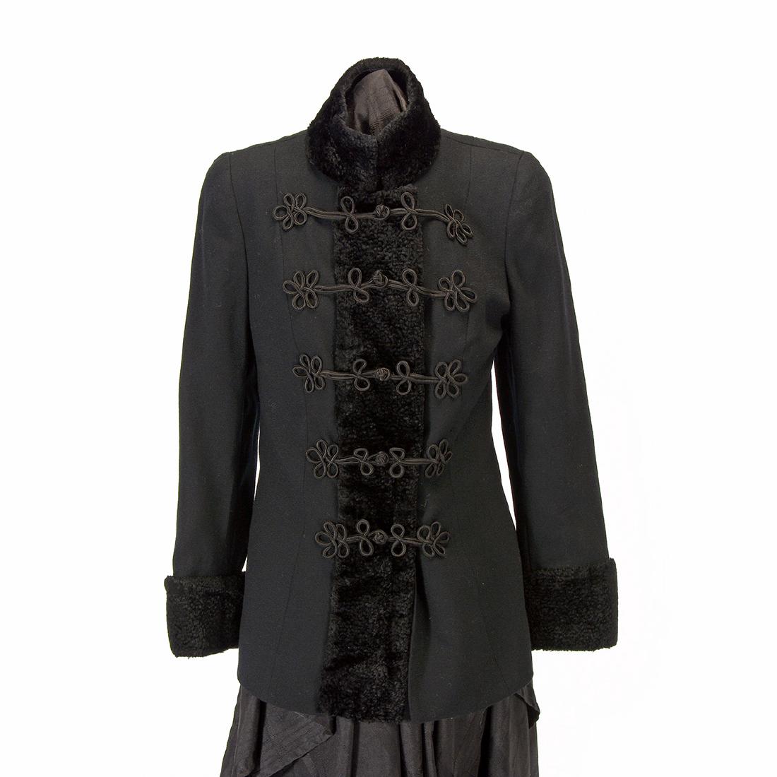 Collection of Couture Evening Articles: Collection of Couture Evening Articles Comprising a Ferragamo emerald green silk blouse with sash, size 6; a Lilli Ann woman's black coat with lamb's fur collar and trim; a Wilkes Bashford red two pie