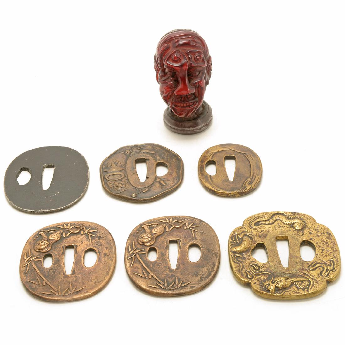 Six Tsubas and Resin Figural Bust Seal (1 of 8)