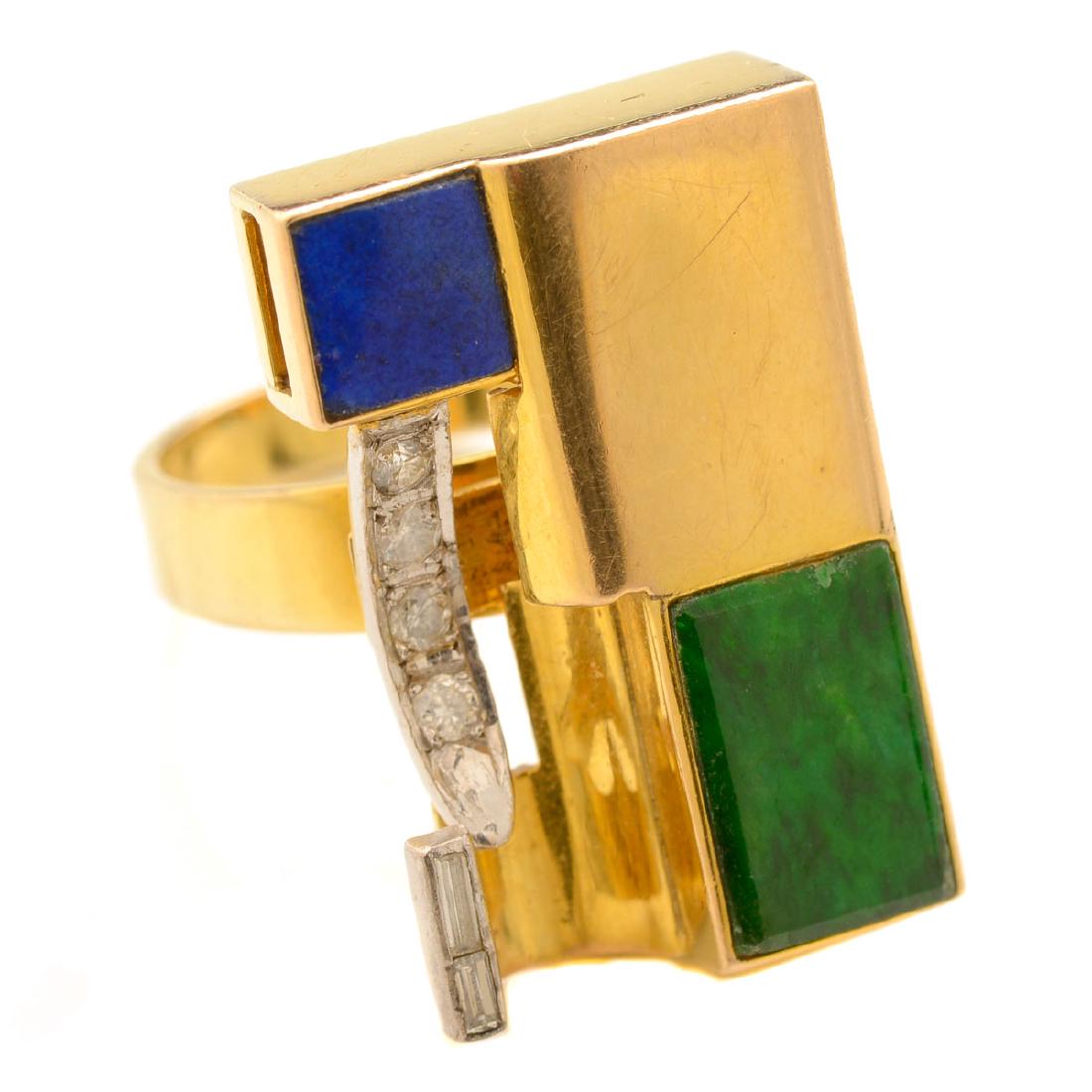 Jade, Lapis Lazuli, Diamond, 14k Gold Ring. (1 of 4)