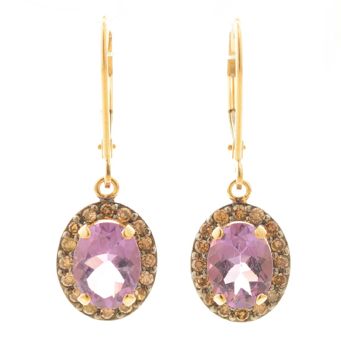 Pair of Amethyst, Diamond, 14k Yellow Gold Earrings. (1 of 4)