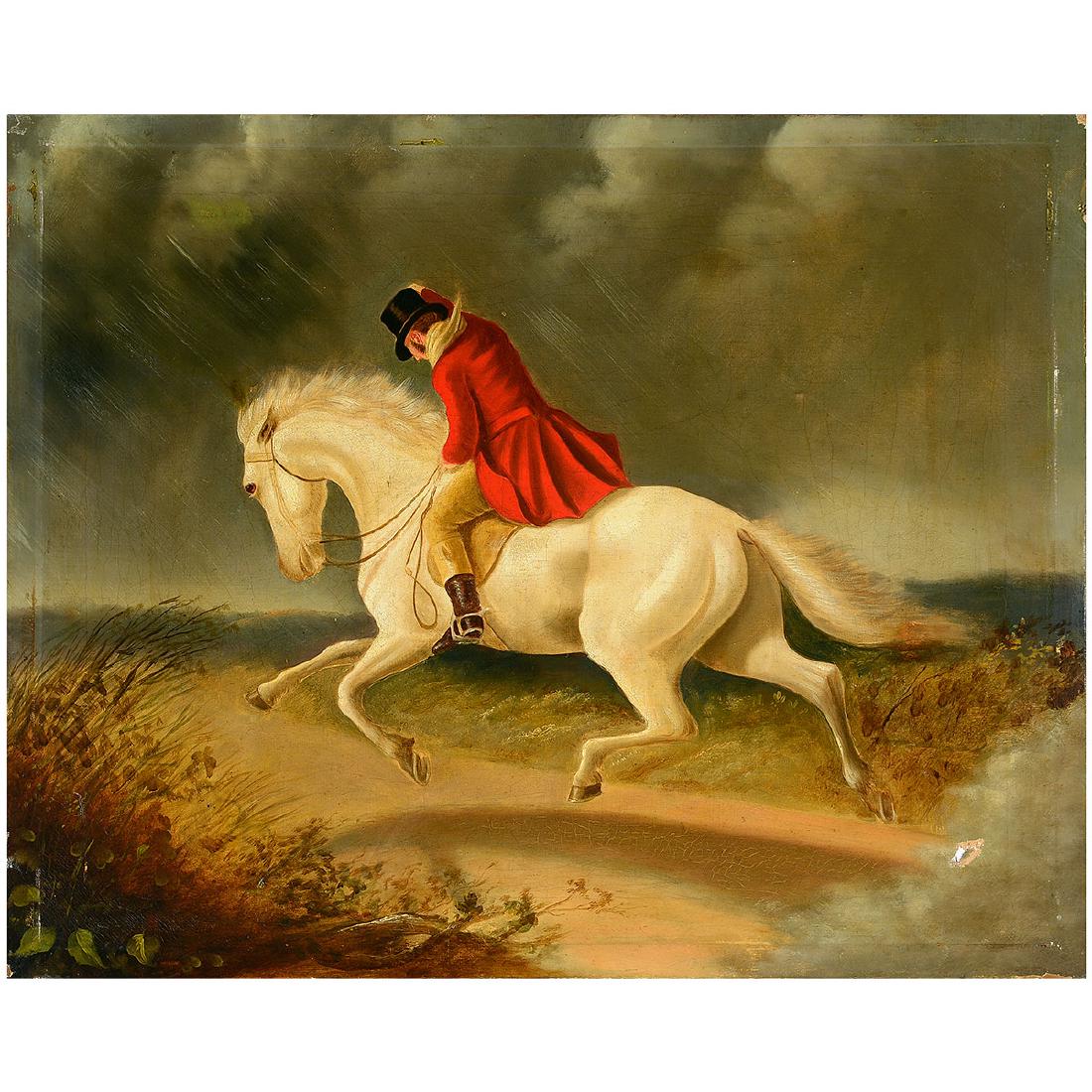 Philip H. Rideout "Into the Wind and Rain" oil on: PHILIP HENRY RIDEOUT (United Kingdom 1860-1920) "Into the Wind and Rain" Oil on canvas. 22 3/8 x 28 inches. [CONDITION: In overall good condition. There is a 1 inch hole in the canvas lower right corn