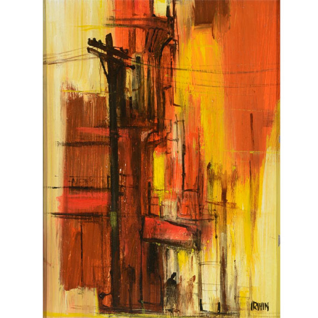 Robert Irwin "Abstract Street Scene" oil on board: ROBERT IRWIN (Californian b. 1928) Abstract Street Scene Oil on board 11 7/8 x 8 3/4 inches / 30.16 x 22.22 cm; Frame: 21 3/4 x18 3/4 inches Signed lower right: Irwin Condition: A couple of little chi