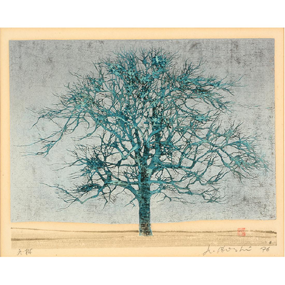 Joichi Hoshi "Green Tree with Light Purple Sky" woodcut (1 of 9)