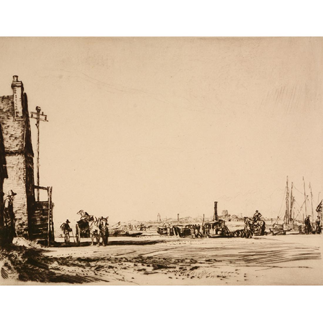 Muirhead Bone "Walberswick Ferry" etching and drypoint: MUIRHEAD BONE (Scottish 1876-1953) "Walberswick Ferry" Etching and drypoint. Sheet: 10 7/8 x 16 inches. Signed l/r under image; annotated along l/r of the sheet; titled l/l along the mat. [CONDITION: