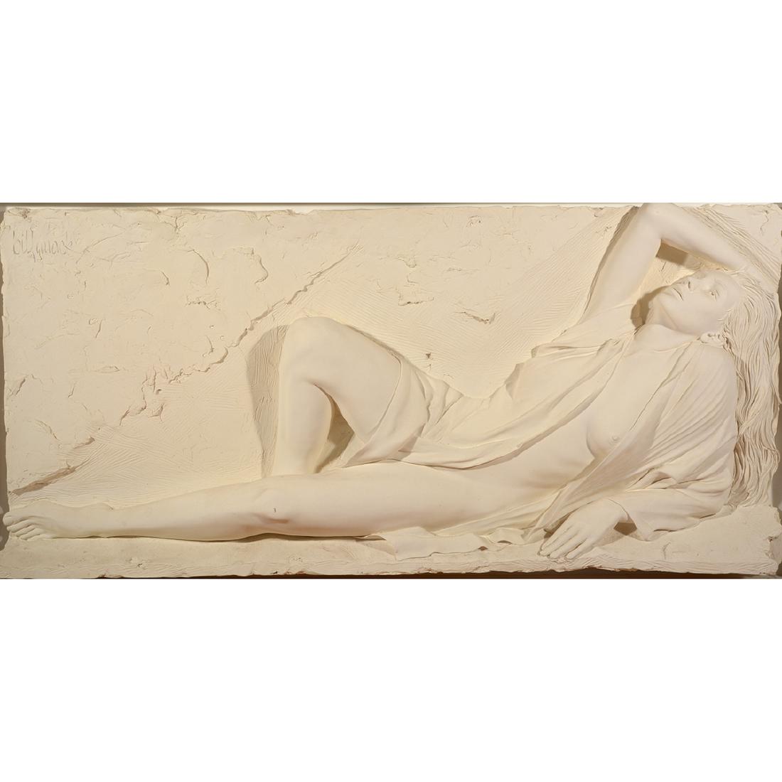 Bill Mack "Reclining Nude" bonded sand wall sculpture: BILL MACK (American born 1949) "Radiance" Bond sand wall sculpture, mounted in frame. 63 x 29 1/2 inches; Frame: 73 5/8 x 39 3/8 inches. Signed and numbered upper left corner: Bill Mack XXXVII/ L.