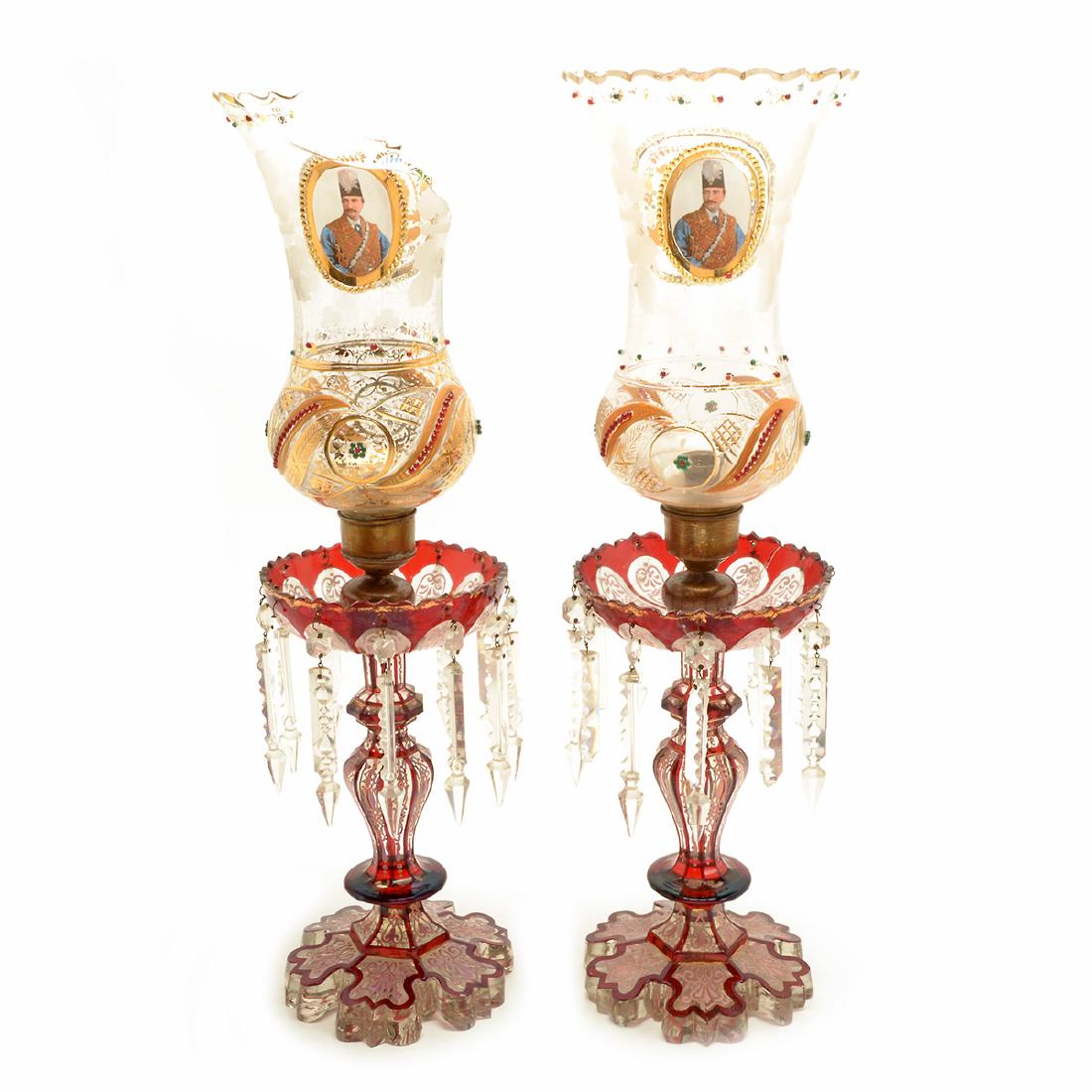 Pair of Bohemian Cranberry and Clear Portrait Lustres (1 of 9)