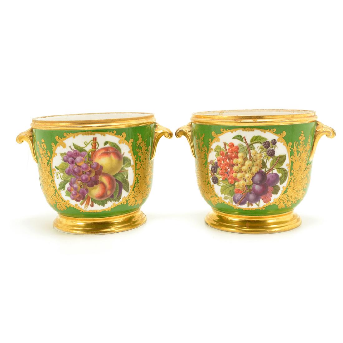 Pair of Sévres Style Porcelain Emerald Ground Pots: Pair of Sévres Style Porcelain Emerald Green Ground Cache Pots. Each bucket form with circular floral reserves in front, the reverse with fruit reserves with bunches of red and green grapes, a variet