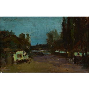 Konstantin Alexeievitch Korovin "Village at Night": KONSTANTIN ALEXEIEVITCH KOROVIN (Russian Federation 1861-1939) Village at Night Oil on board 8 1/4 x 12 3/4 inches / 20.95 x 32.38 cm; Frame: 14 3/4 x 19 1/4 inches Signed in Cyrillic upper left corne