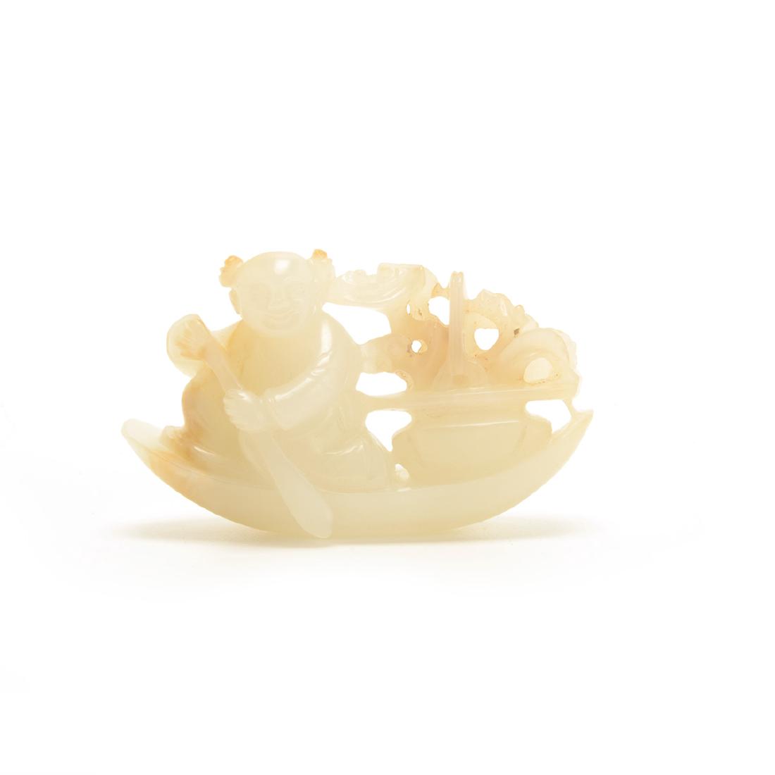 White Jade Carving of a Boy & Boat, Qing Dynasty (1 of 4)