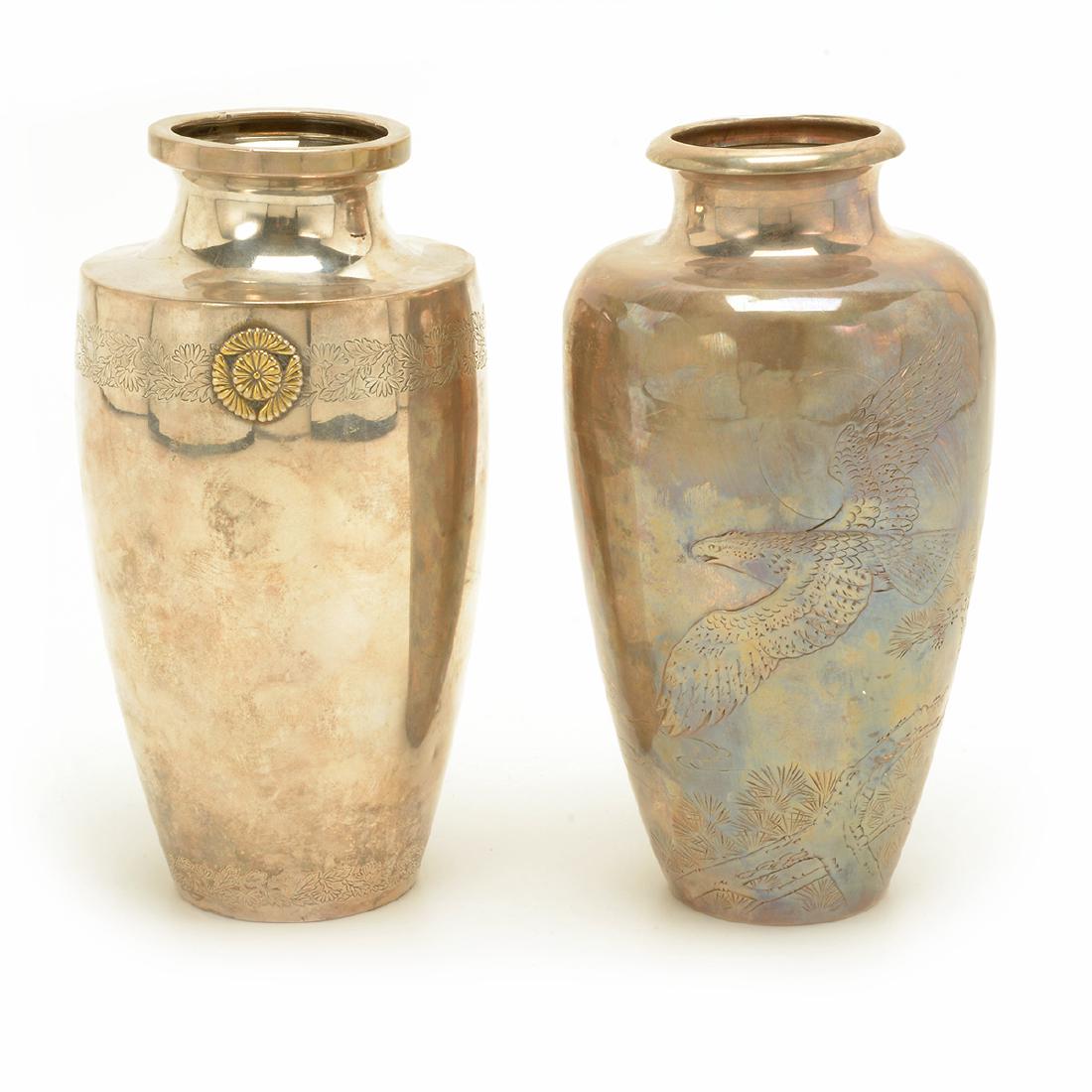 Two Baluster Silver Vases, Meiji Period (1 of 10)
