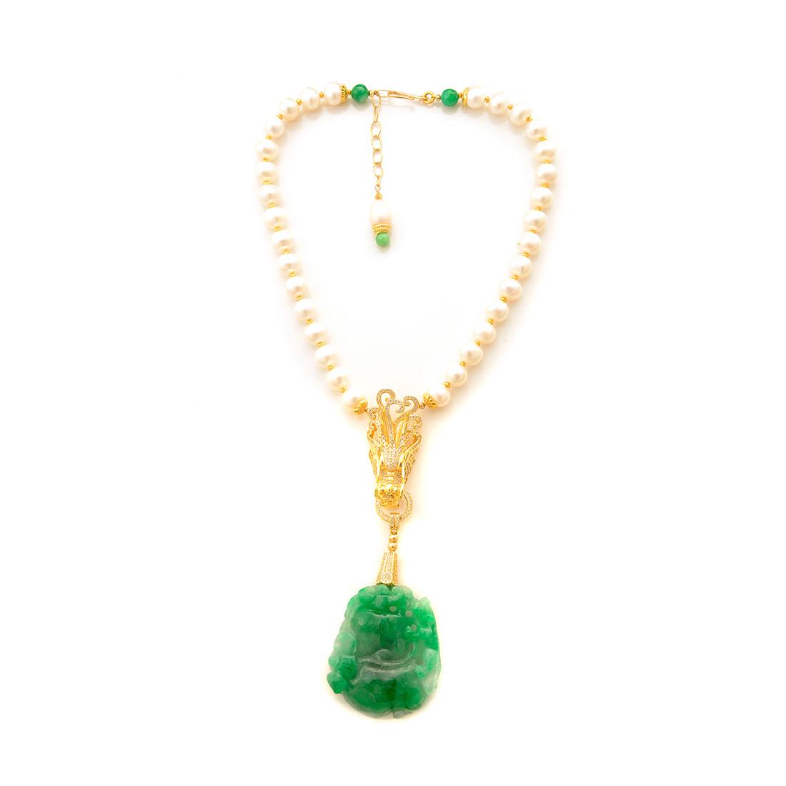 Jade, Cultured Pearl, White Zircon, Vermeil Necklace.: Jade, Cultured Pearl, White Zircon, Vermeil Necklace. Featuring a carved and pierced jadeite pendant measuring approximately 53 x 45 mm, depicting a double gourd and an animal with flowers, suspended 
